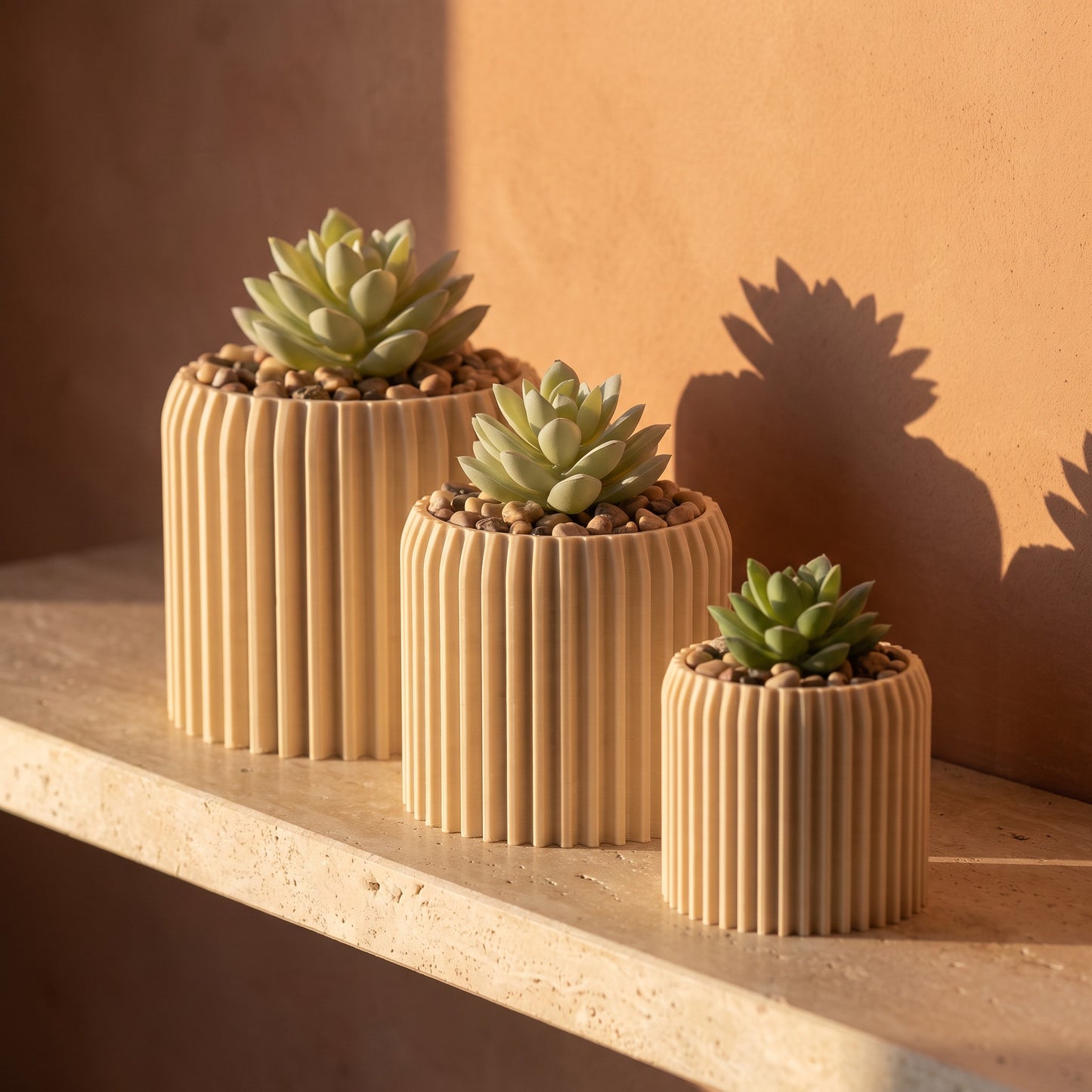 Flute planter shown in all three heights: Small 40mm, Medium 50mm and Large 70mm. Sizes are sold separately.